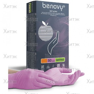Перчатки Benovy Nitrile MultiColor нитриловые, текстур. на пальцах, розовые, L (50 пар)